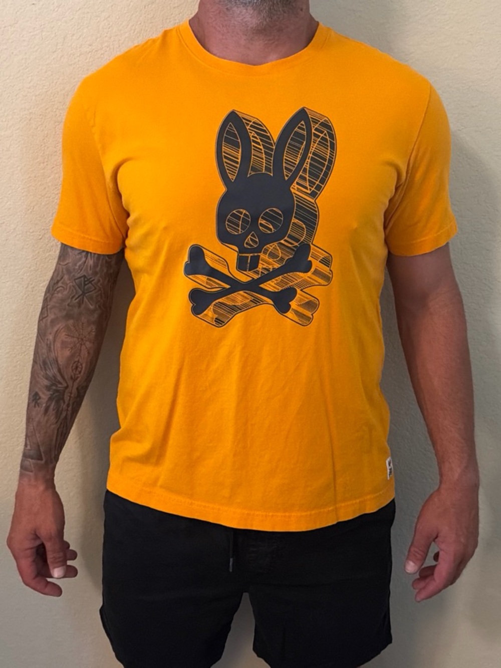 Psycho Bunny Men's Short-Sleeve Graphic Tee in Yellow with Black Skull Bunny